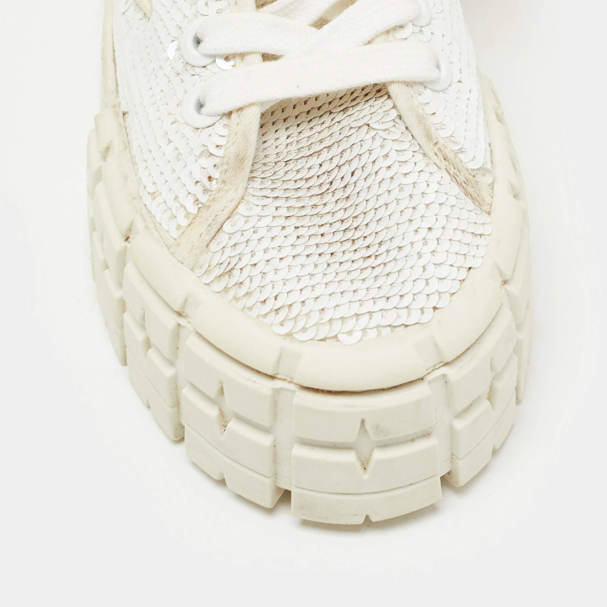 Prada White Sequins Double Wheel Platform Sneakers Size 38 2