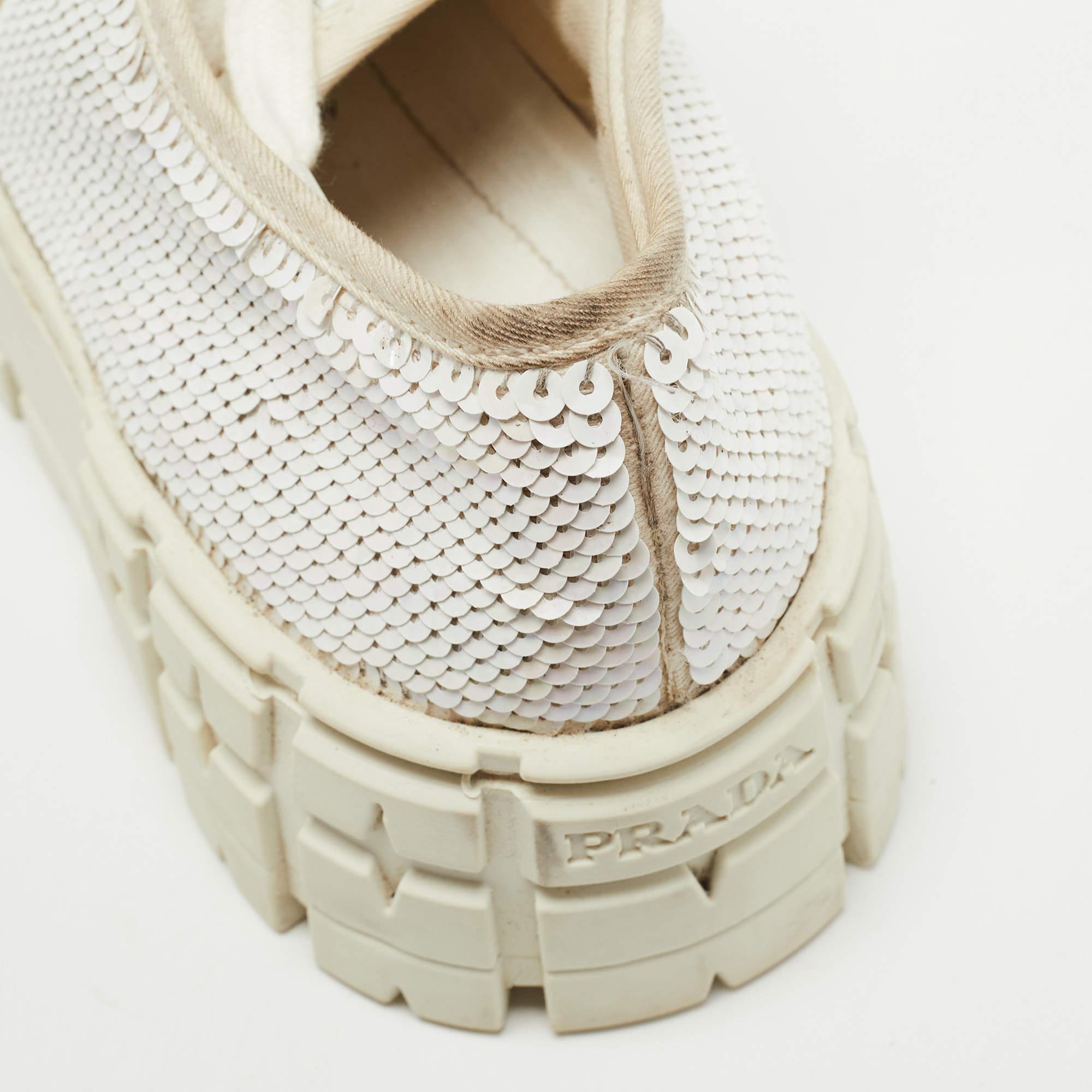 Prada White Sequins Double Wheel Platform Sneakers Size 38 3