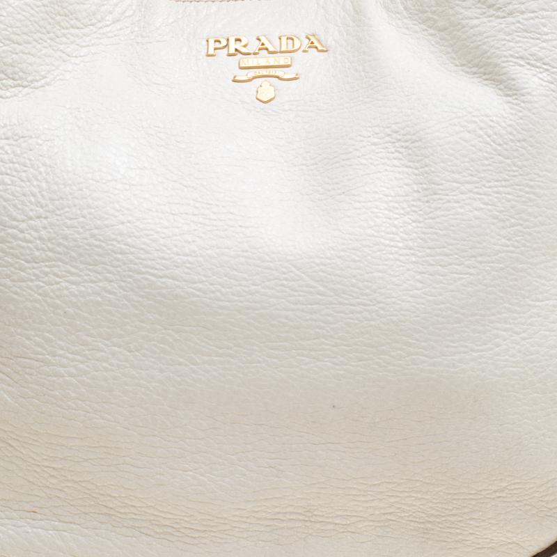 Prada White Shimmering Deerskin Leather Chain Hobo Damen