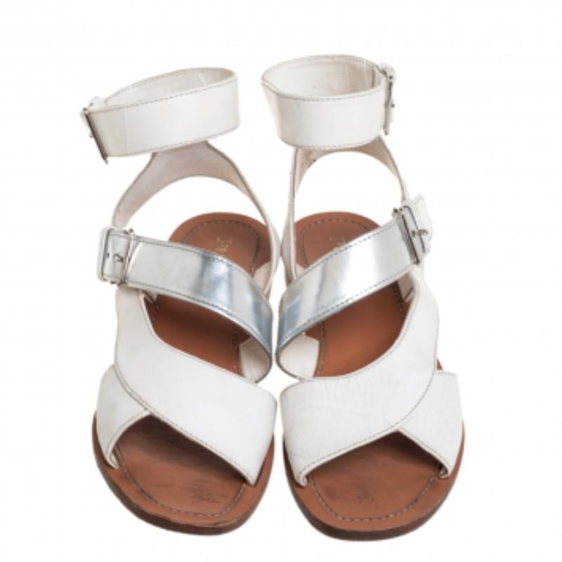 Gray Prada White/Silver Leather Flat Ankle Strap Sandals Size 37 For Sale