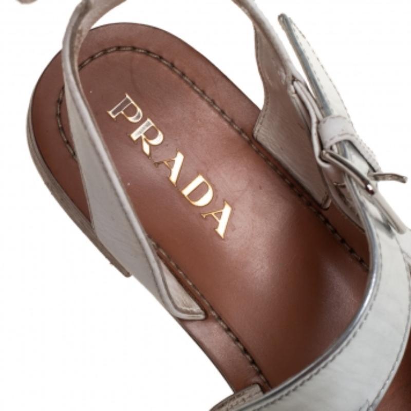 Women's Prada White/Silver Leather Flat Ankle Strap Sandals Size 37 For Sale