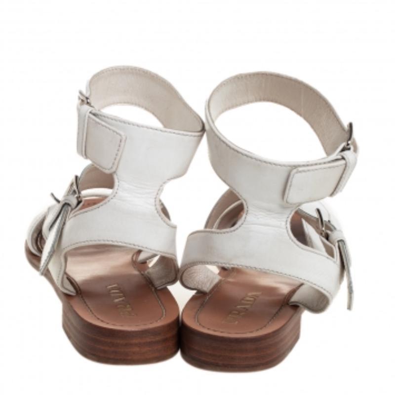 Prada White/Silver Leather Flat Ankle Strap Sandals Size 37 For Sale 1