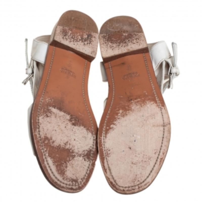 Prada White/Silver Leather Flat Ankle Strap Sandals Size 37 For Sale 2