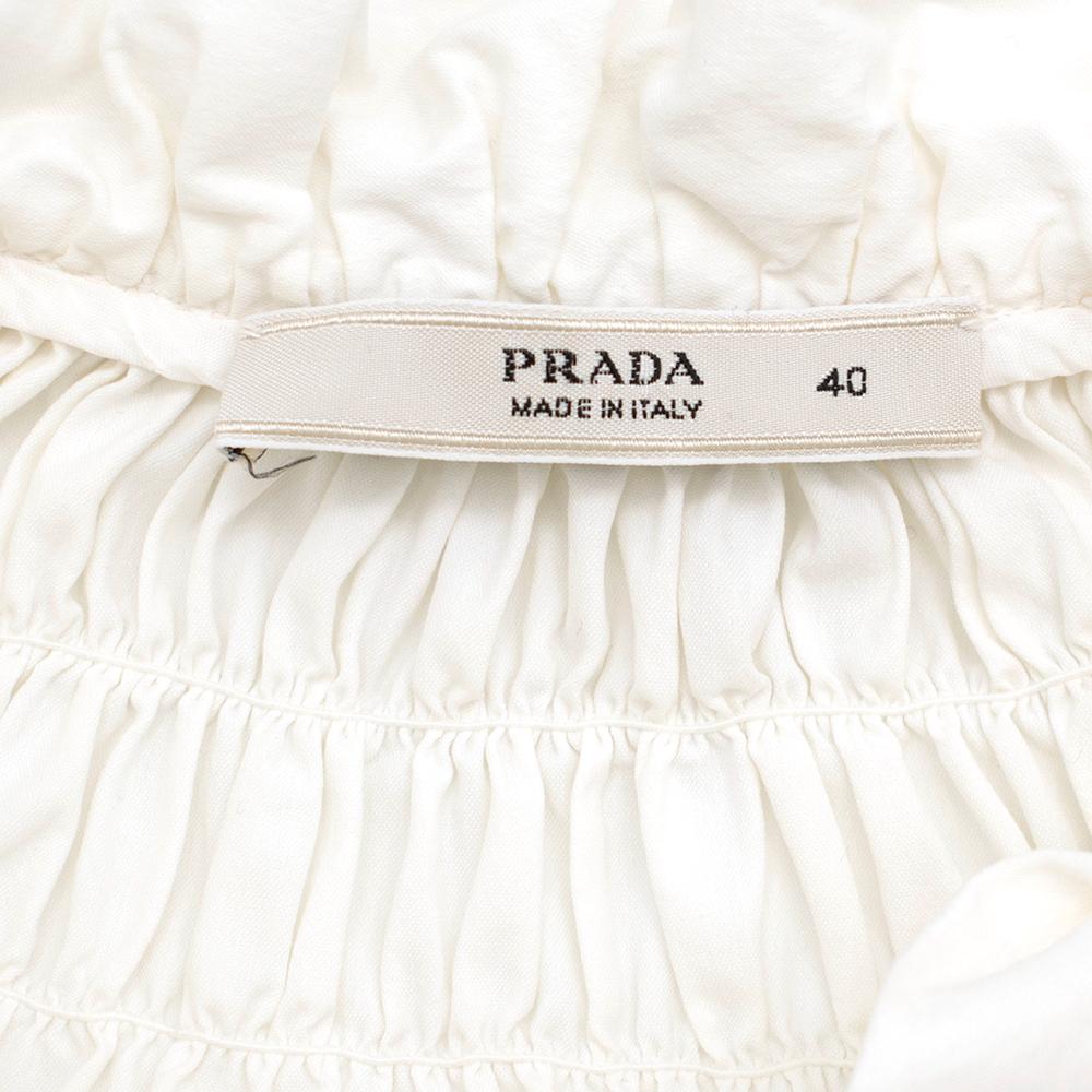 Prada White Smocked-Neck Cotton Poplin Blouse Size US 4 In Excellent Condition In London, GB