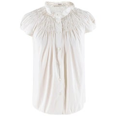 Prada White Smocked-Neck Cotton Poplin Blouse Size US 4