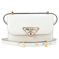 Prada White Soft Calfskin Triangle Logo Gold Hardware Flap Shoulder Bag