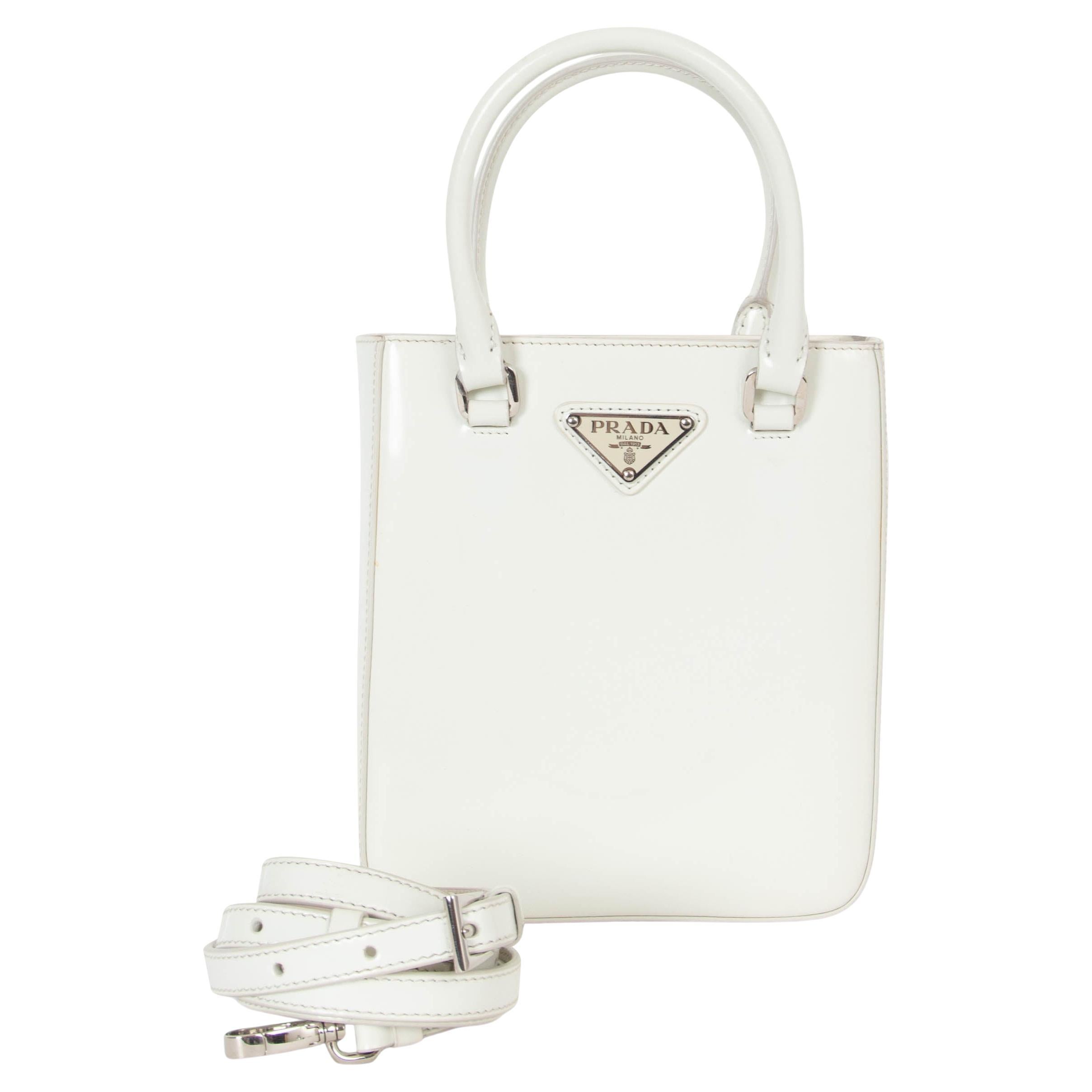 PRADA white Spazzolato leather SMALL BRUSHED TOTE Shoulder Bag For Sale