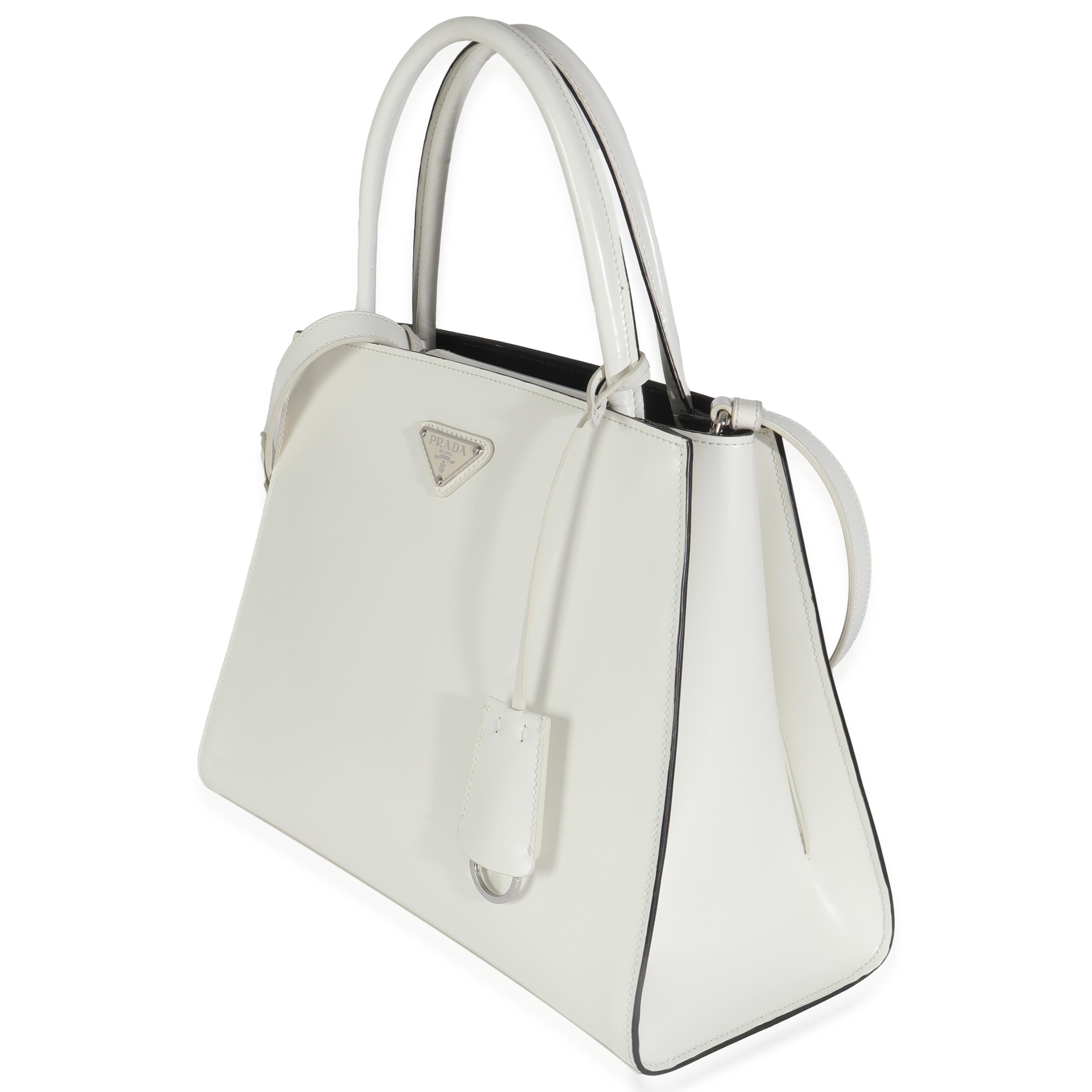 Prada White Spazzolato Trapeze Logo Plaque Tote In Excellent Condition For Sale In New York, NY