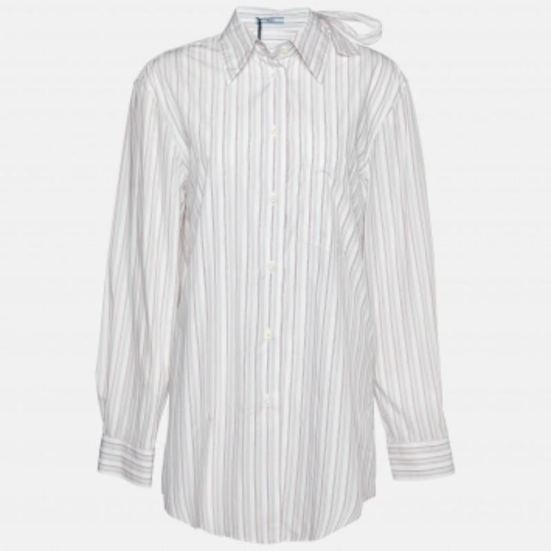 Prada - Chemise à col noué et boutonnée en coton rayée blanche M en vente