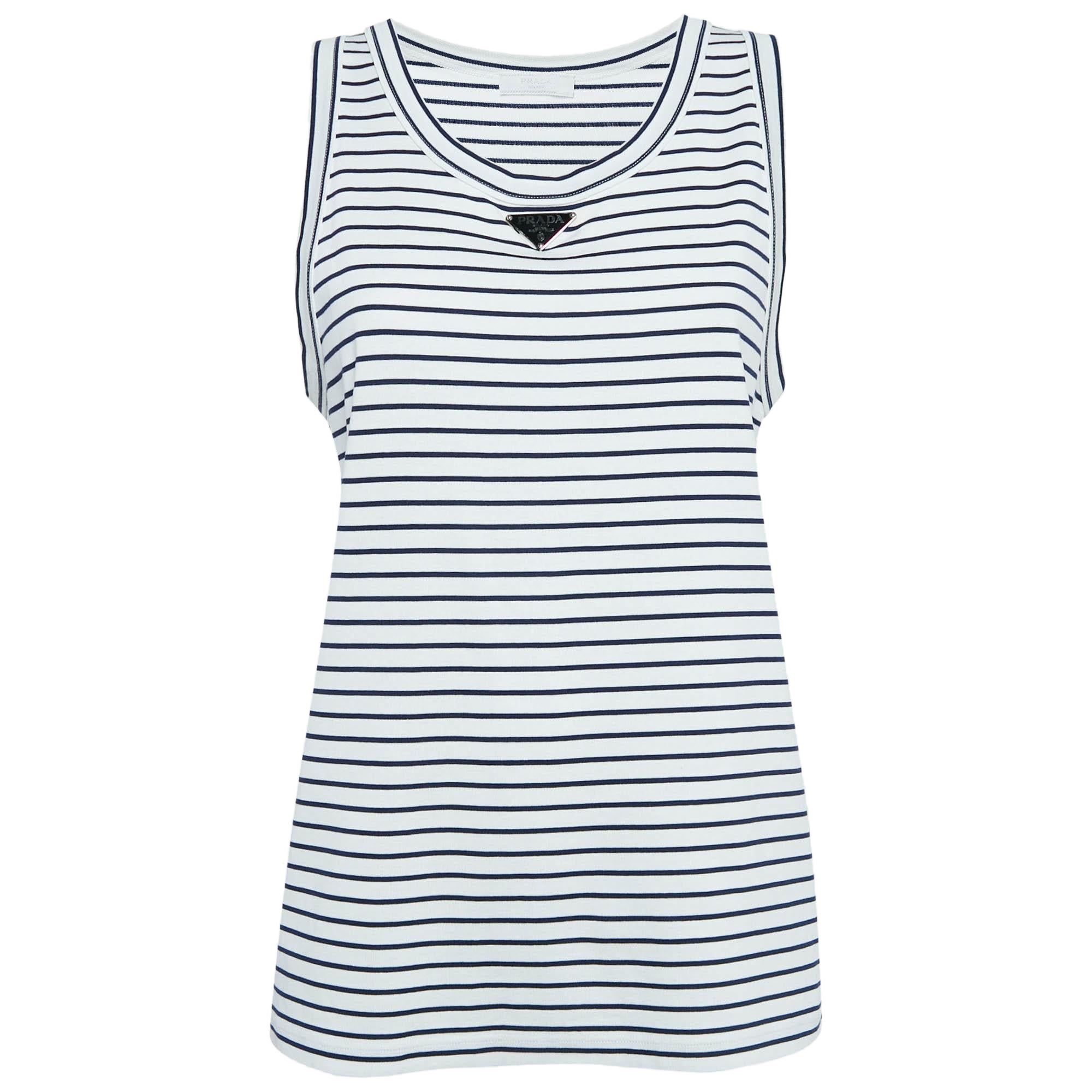 Prada White Striped Cotton Triangle Logo Detail Tank Top XL