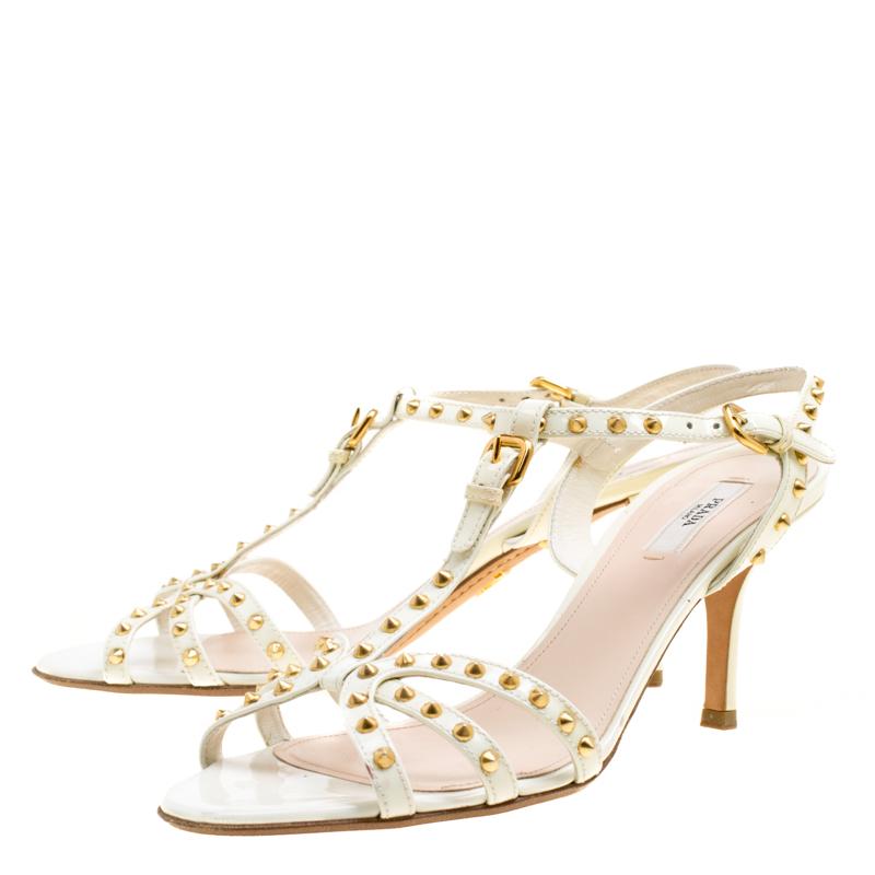 Women's Prada White Studded Patent Leather Strappy Sandals Size 39.5