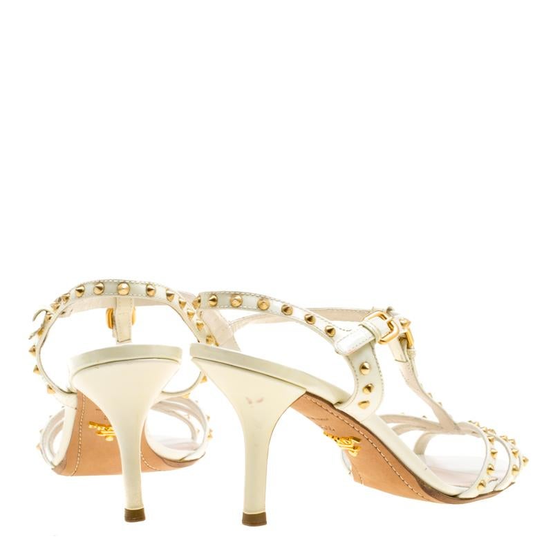 Prada White Studded Patent Leather Strappy Sandals Size 39.5 1