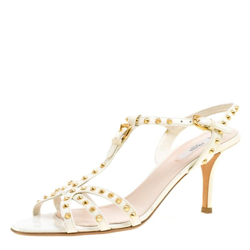 Prada White Studded Patent Leather Strappy Sandals Size 39.5
