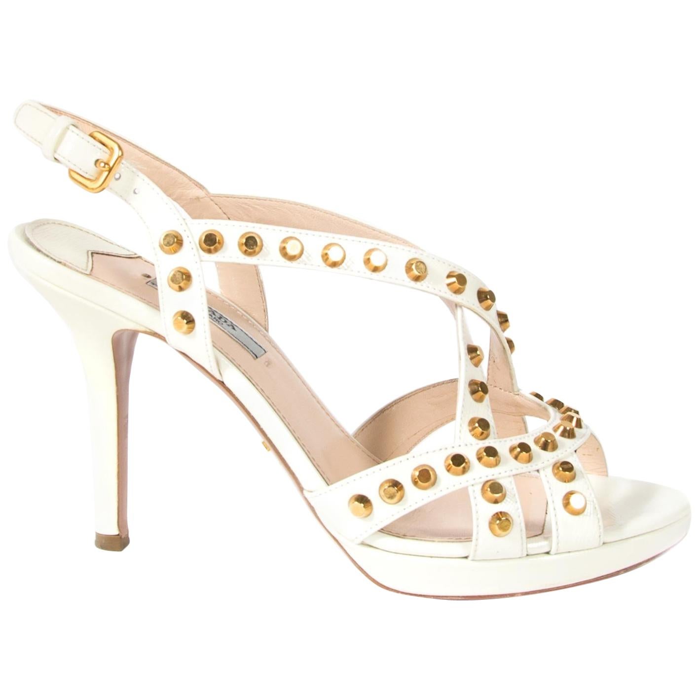 Prada White Studded Saffiano Platform Sandals - Size 38, 5