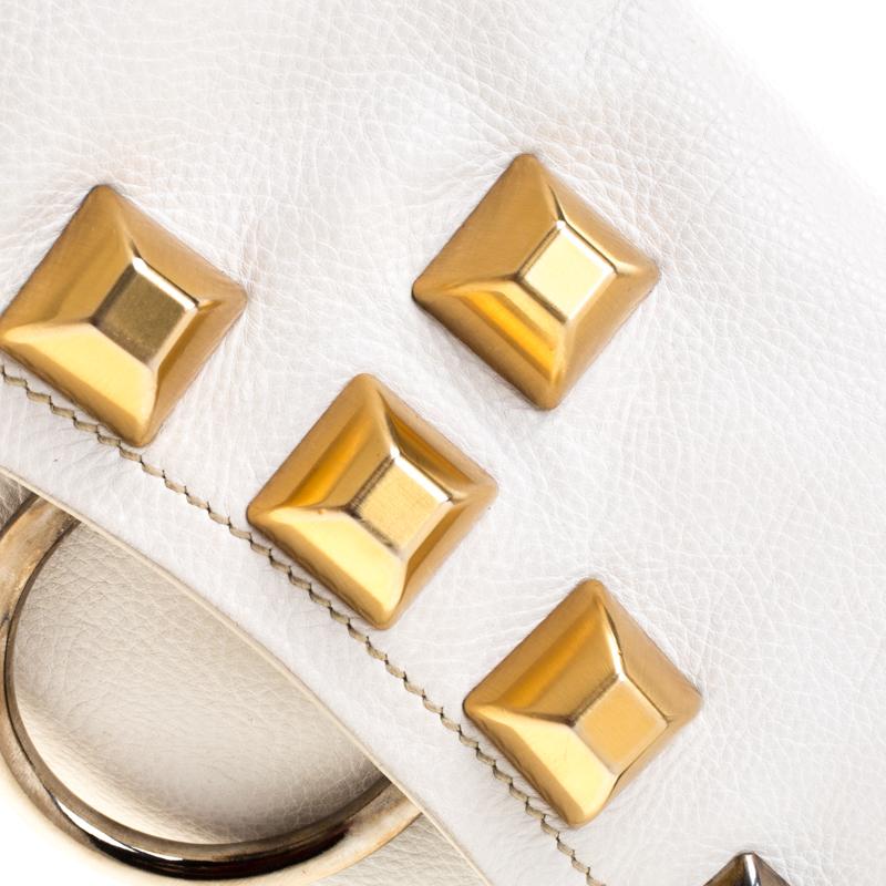 Women's Prada White/Tan Leather Studded Shoulder Bag