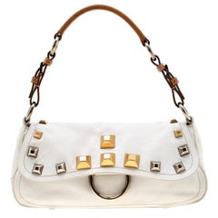 Prada White/Tan Leather Studded Shoulder Bag