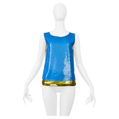 Prada Weißes Tank-T-Shirt mit blauen und goldenen Pailletten