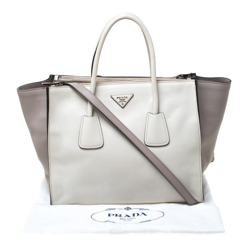 Prada White/Taupe Leather Double Zip Tote 6