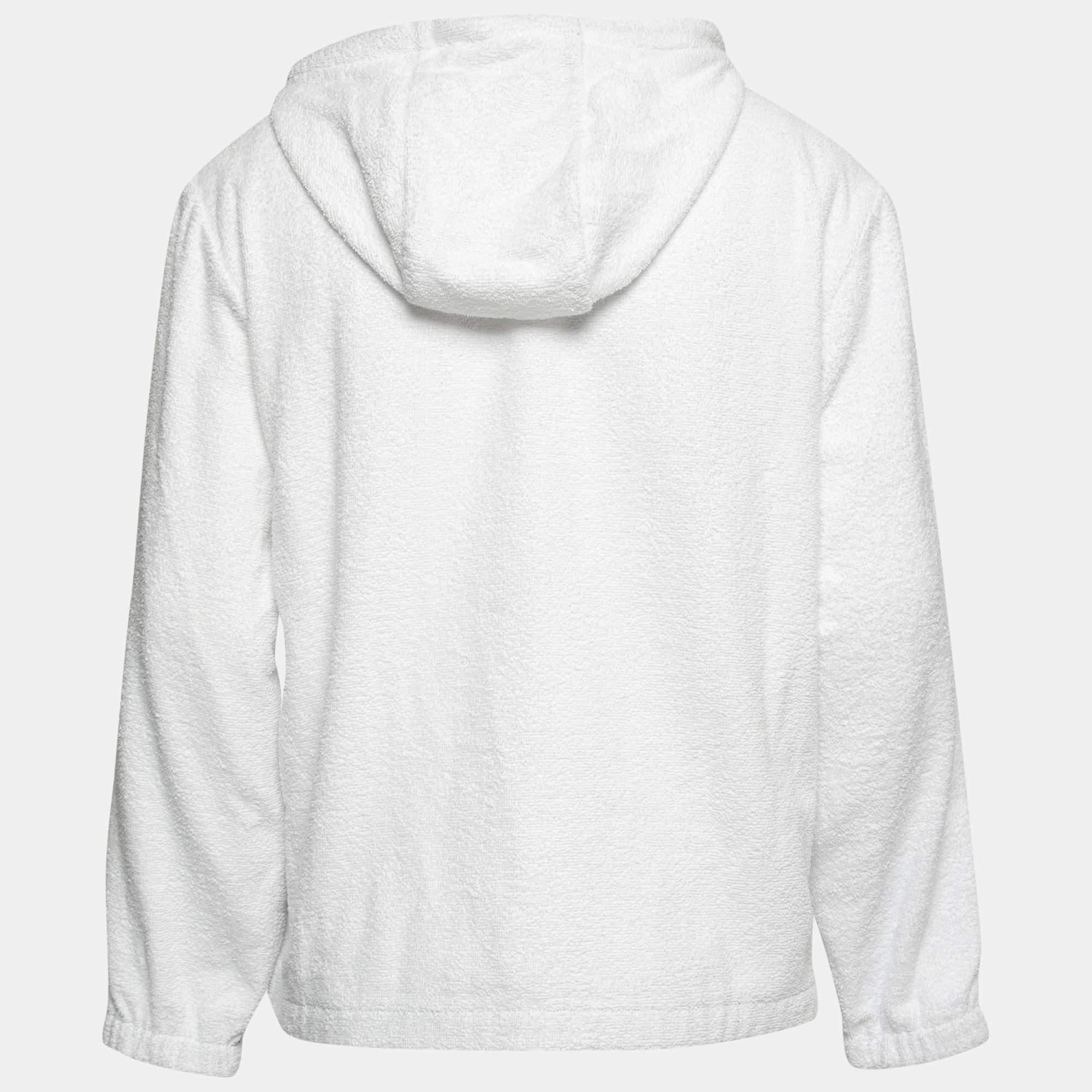 This white hoodie from Prada is simple and just the right choice for your casual style. It is made from cotton and designed with a hoodie and long sleeves. Team it with denim and high-top sneakers for a cool look.

Includes: Brand Tag
