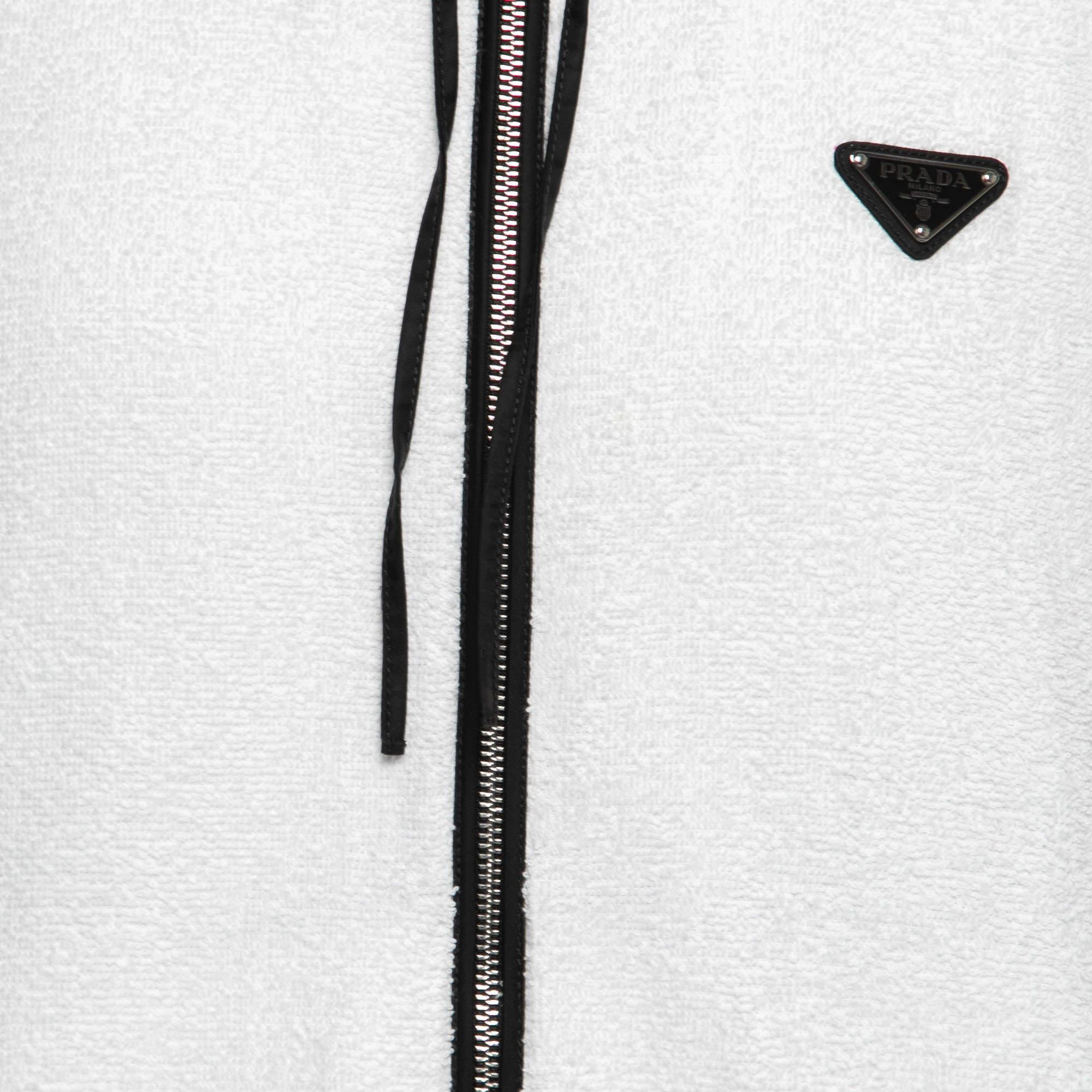 Prada White Terry Cloth Enameled Metal Logo Hoodie Jacket L 1