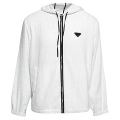 Used Prada White Terry Cloth Enameled Metal Logo Hoodie Jacket L