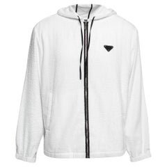 Prada White Terry Cloth Enameled Metal Logo Hoodie Jacket L