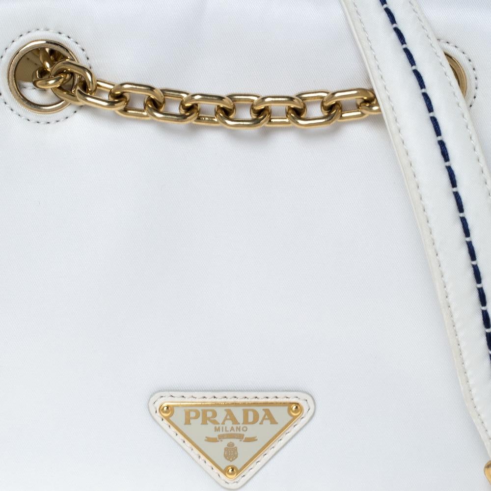 Gray Prada White Tessuto Nylon Logo Plaque Flap Chain Shoulder Bag For Sale