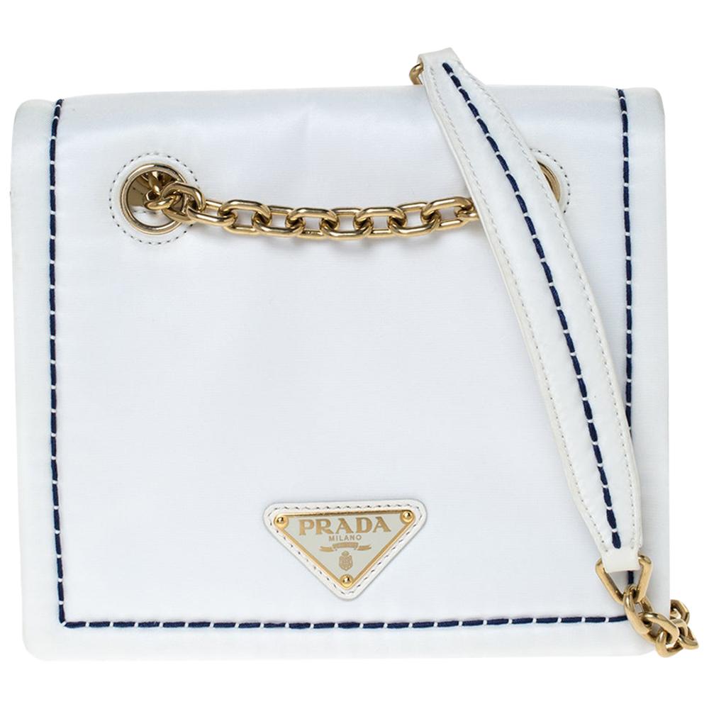 Prada Logo Plaque Chain Clutch Bag in White