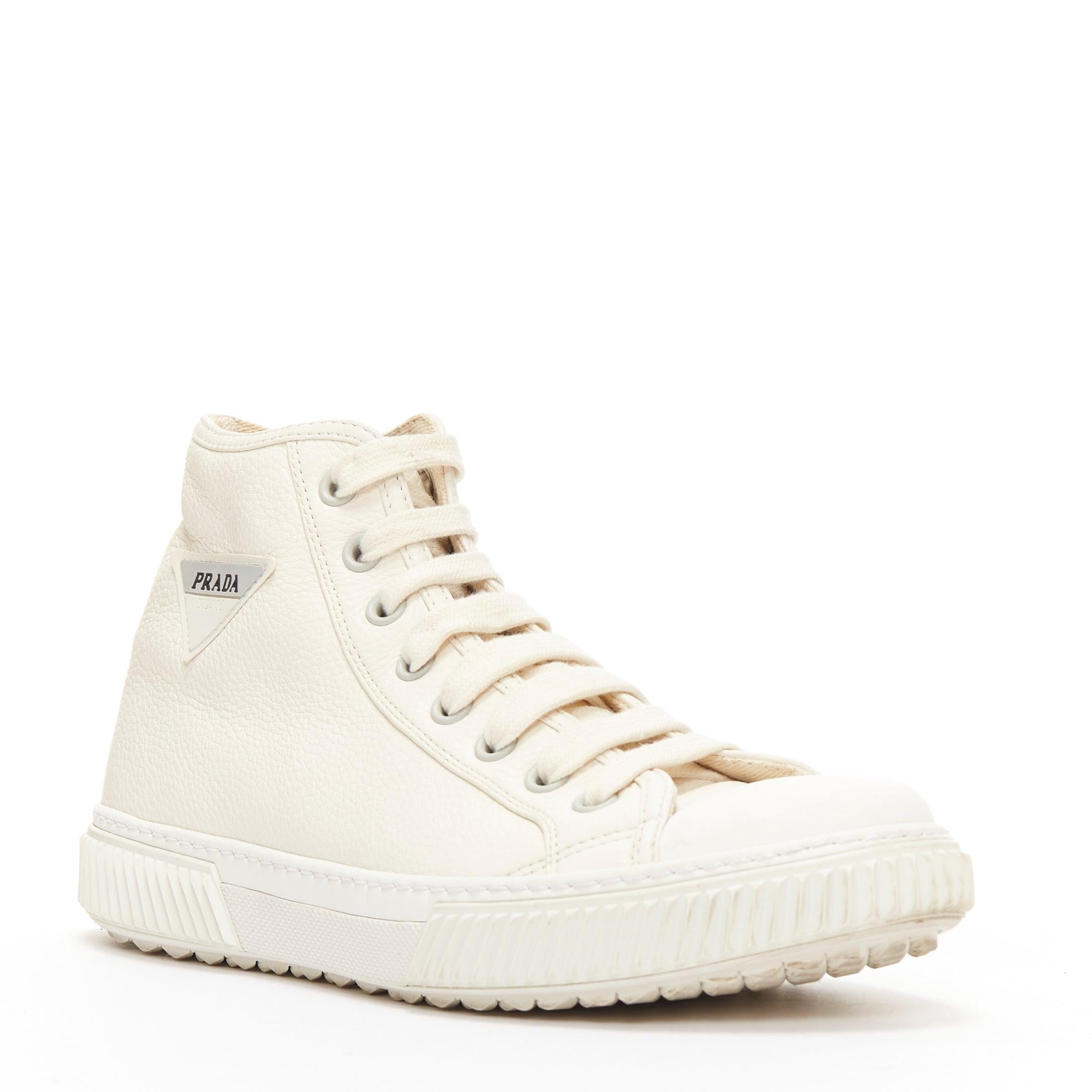 White PRADA white textured leather black triangle logo high top sneakers UK7 EU40 For Sale