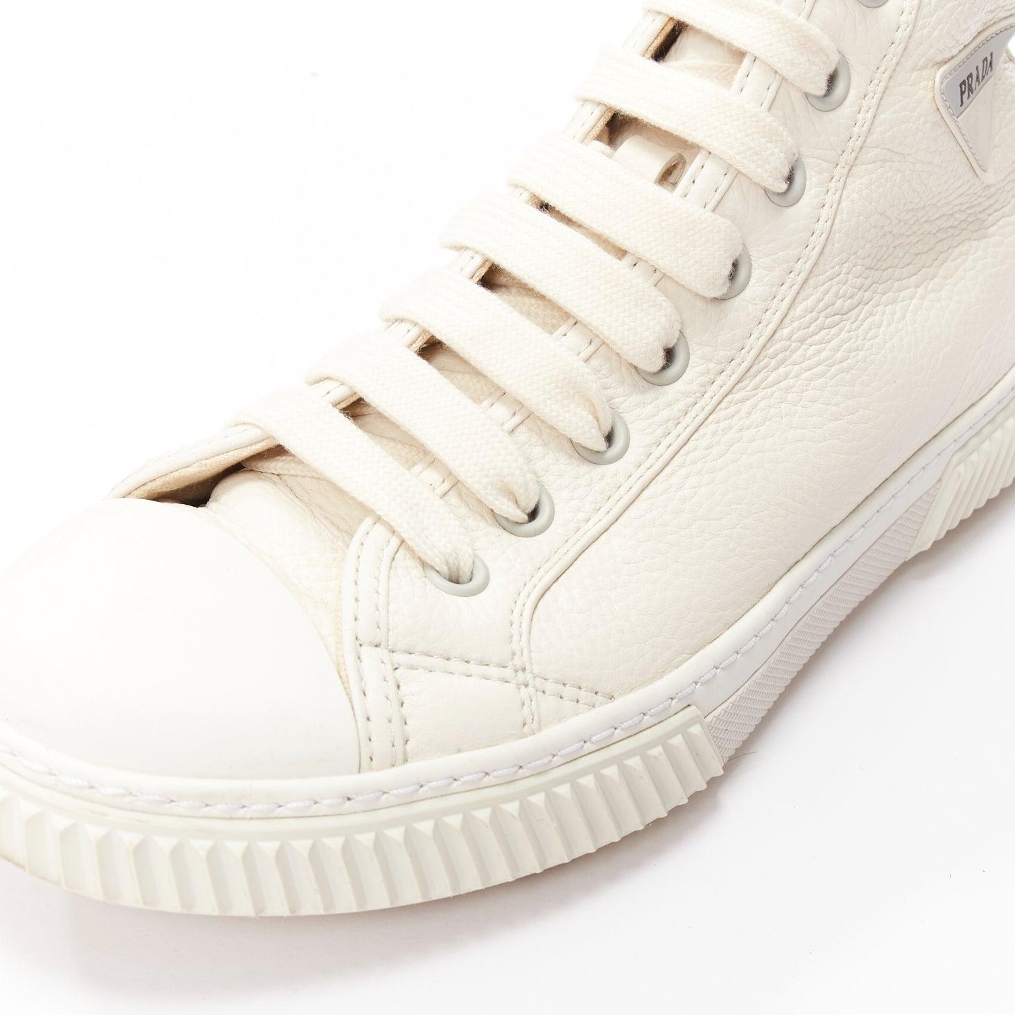 PRADA white textured leather black triangle logo high top sneakers UK7 EU40 For Sale 3