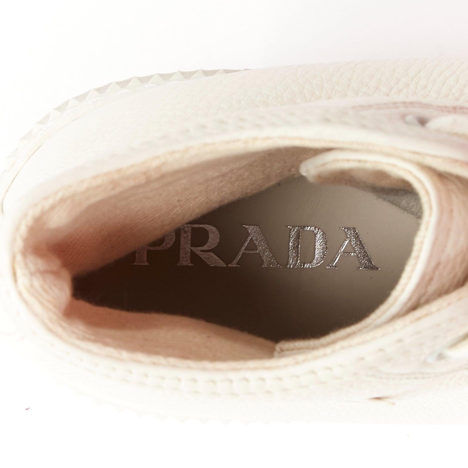 PRADA white textured leather black triangle logo high top sneakers UK7 EU40 For Sale 4