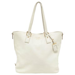 Prada White Vitello Daino Leather Side Zip Tote