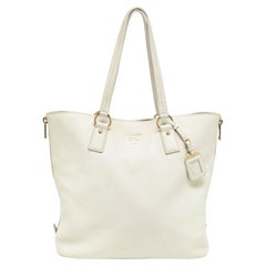 Prada White Vitello Daino Leather Side Zip Tote
