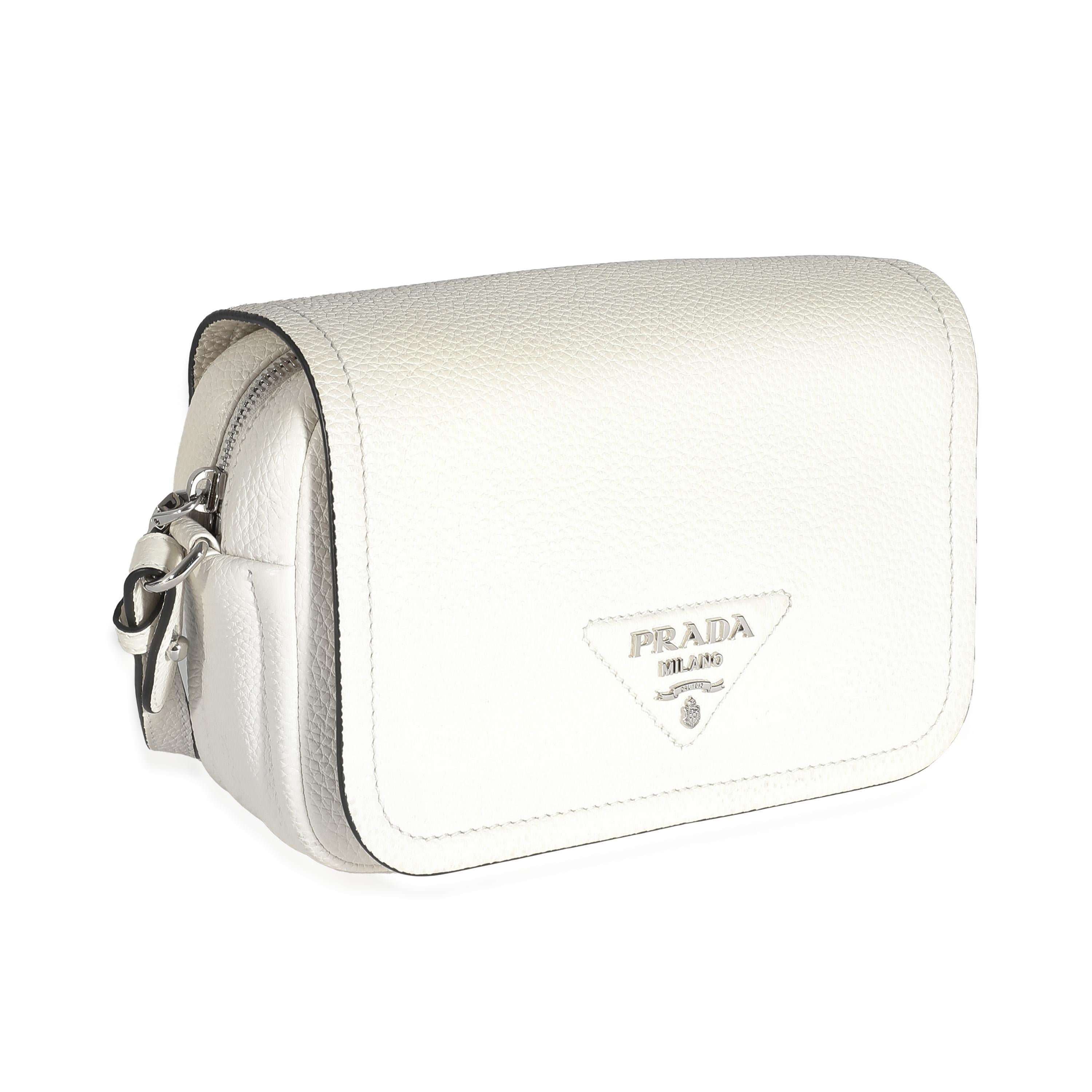 Gray Prada White Vitello Daino Logo Crossbody Flap Bag