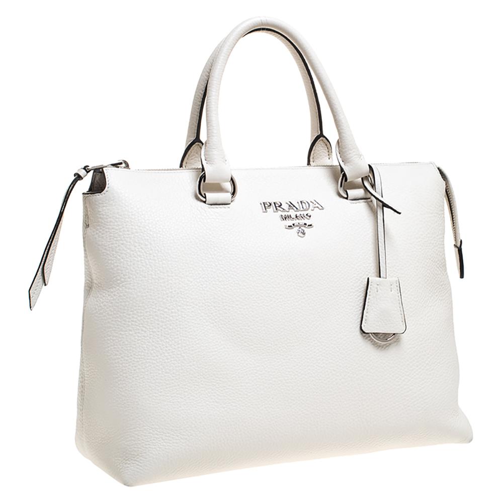 Prada White Vitello Phenix Leather Convertible Bag 4