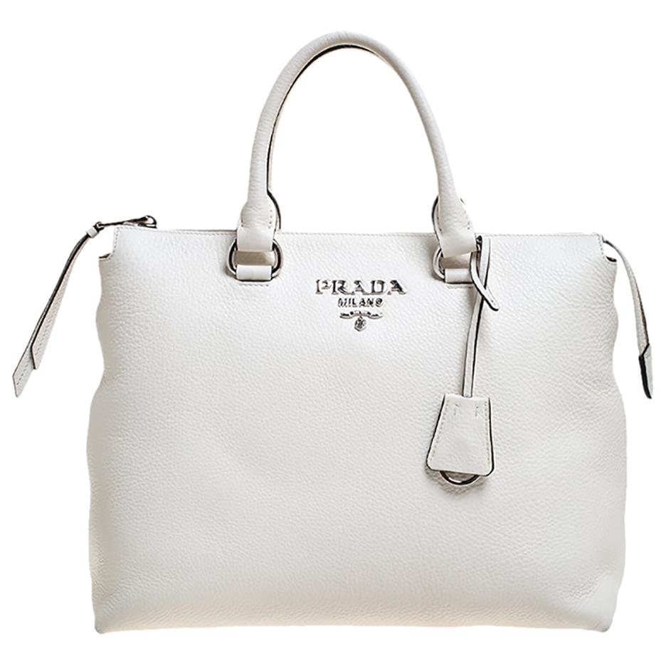 Prada White Vitello Phenix Leather Convertible Bag