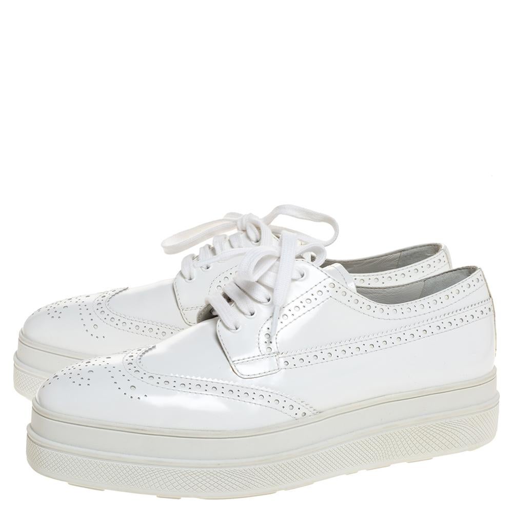 Women's Prada White Wingtip Brogue Leather Platform Derby Size 39.5