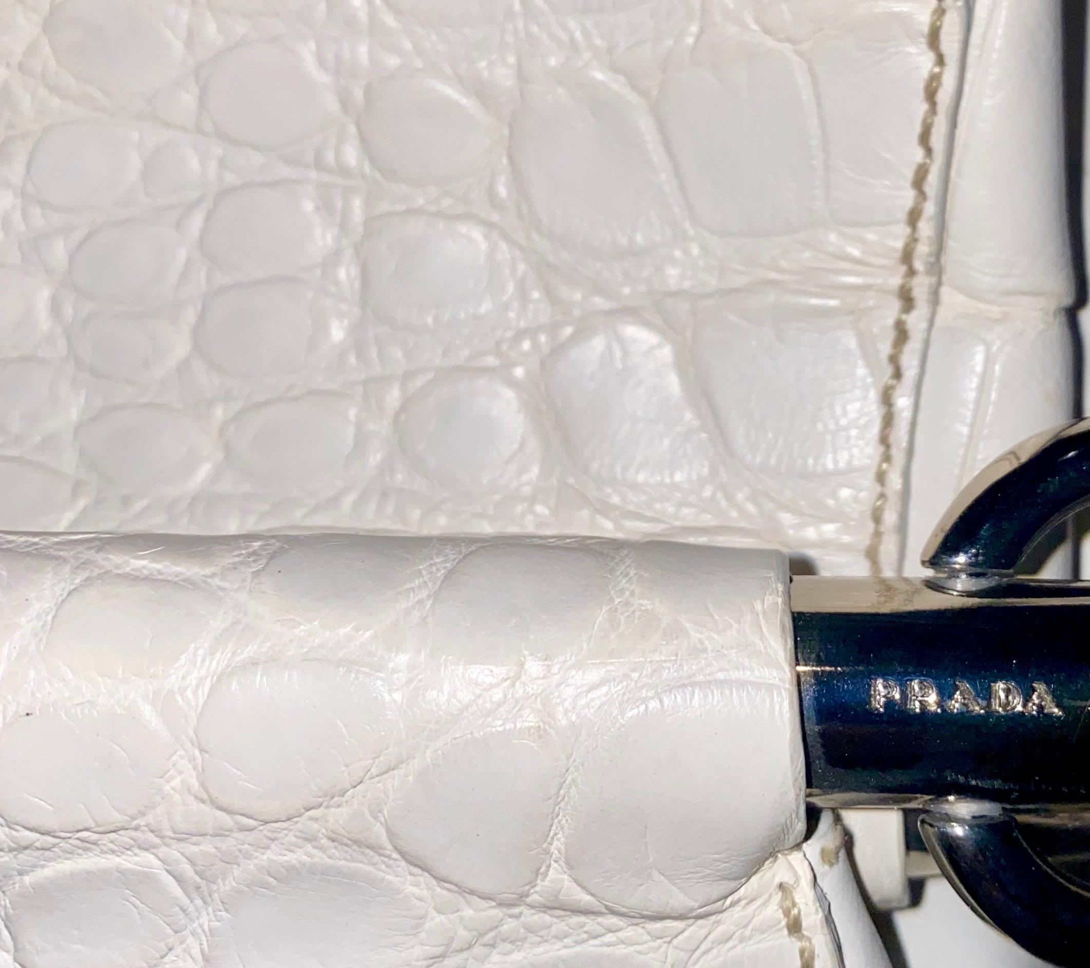 Prada White XL Size Exotic Alligator Crocodile Skin Bag Tote Hand Bag In Excellent Condition In Switzerland, CH
