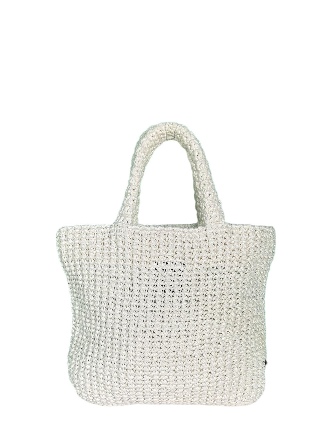 Prada White Yarn Raffia Effect Crochet Embroidered Small Logo Tote Bag In Excellent Condition For Sale In New York, NY