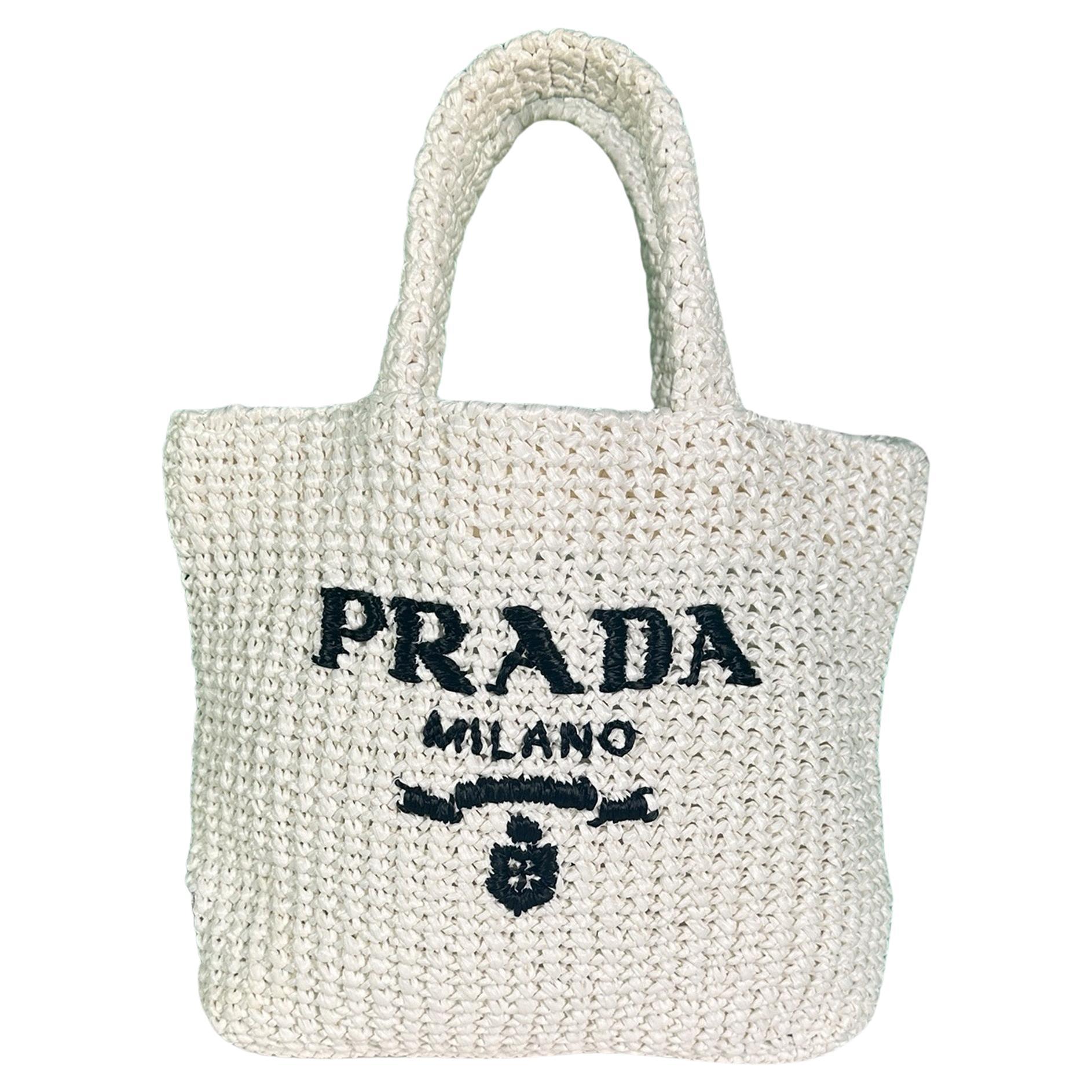 Prada White Yarn Raffia Effect Crochet Embroidered Small Logo Tote Bag en vente