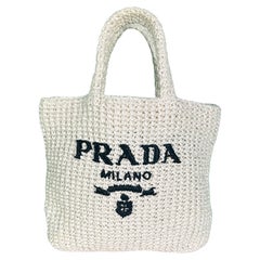 Prada White Yarn Raffia Effect Crochet Embroidered Small Logo Tote Bag