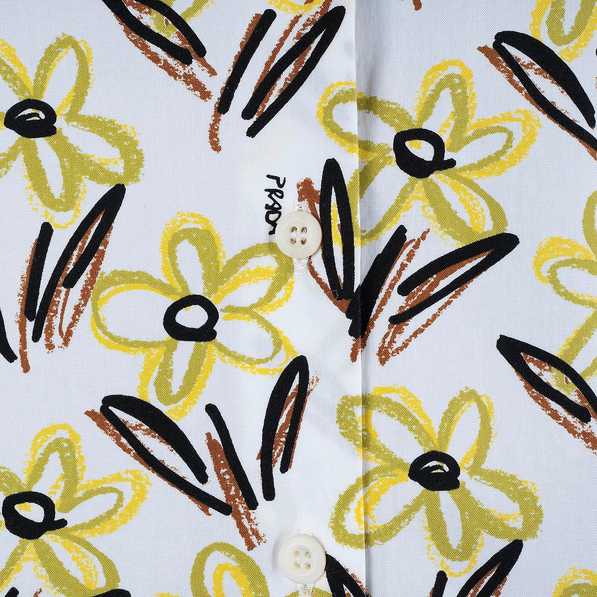 Gray PRADA white & yellow cotton FLORAL SHIRT & SKIRT SET 42 M