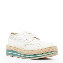 PRADA Wingtip white green leather espadrille wedged brogue oxfords EU35.5