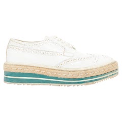 PRADA Wingtip white green leather espadrille wedged brogue oxfords EU35.5