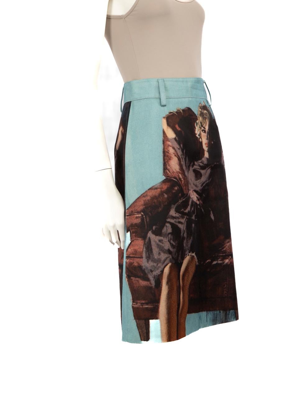 CONDITION is Very good. Minimal wear to the skirt is evident, the stitching around the invisible zipper on the left side is slightly loose on this used Prada designer resale item.
 
 
 
 Details
 
 
 Multicolour- blue, brown
 
 Wool
 
 Skirt
 
