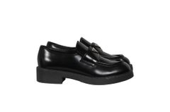 Prada Women Brushed Leather Chocolate Loafers Size US 9 EU 39 Black Logo Plaque