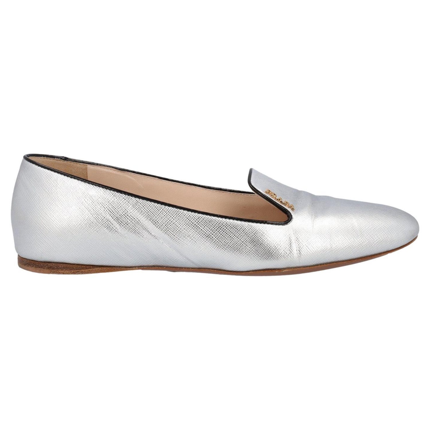 Prada Women Loafers Silver Leather EU 37.5 For Sale at 1stDibs