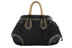 Prada Women Paglia Vitello Daino Frame Satchel Shoulder Bag Black Woven Raffia