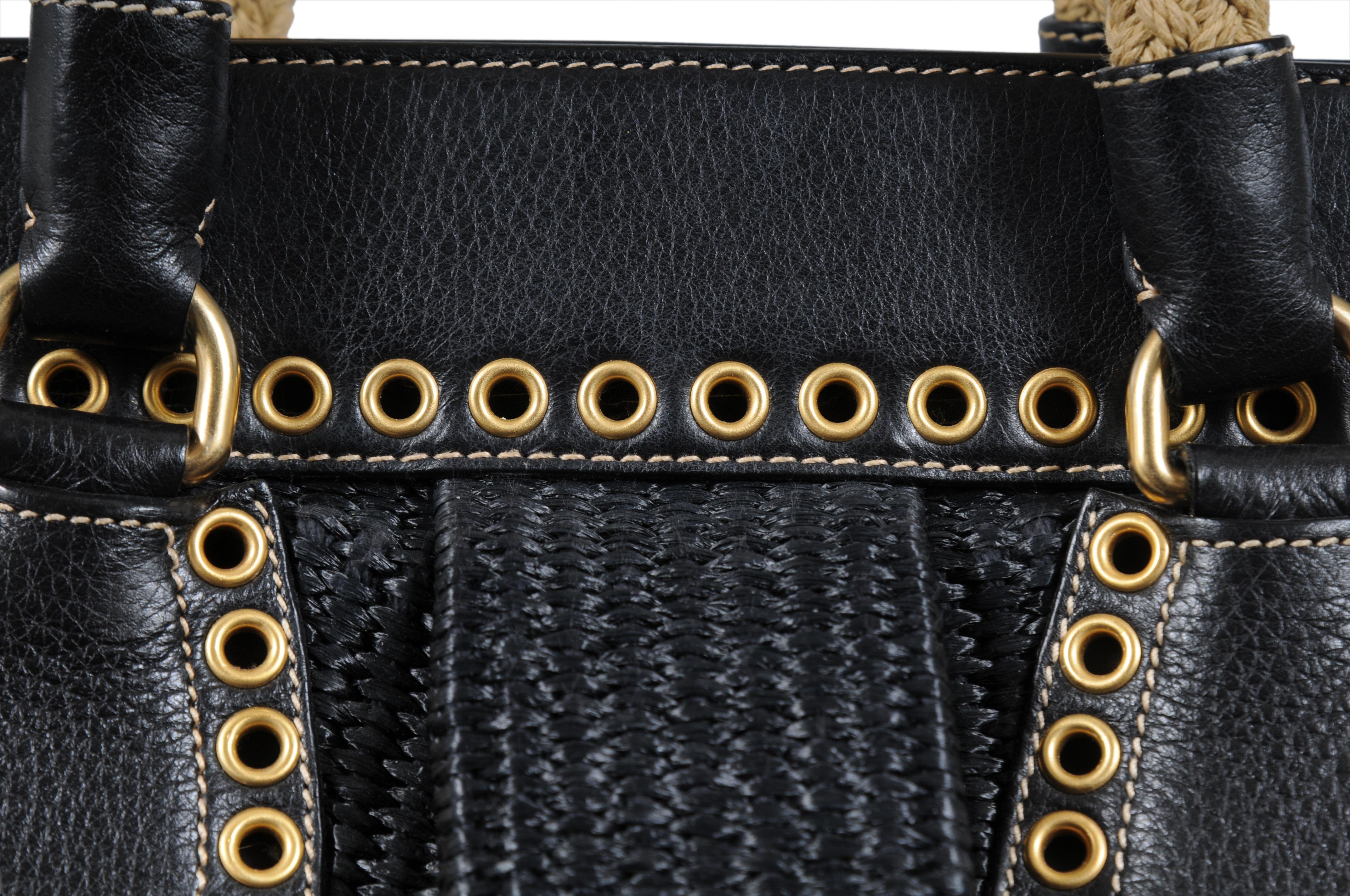 Prada Donna Paglia Vitello Daino Frame Borsa a tracolla Satchel Nero Tessuto Rafia in vendita 1