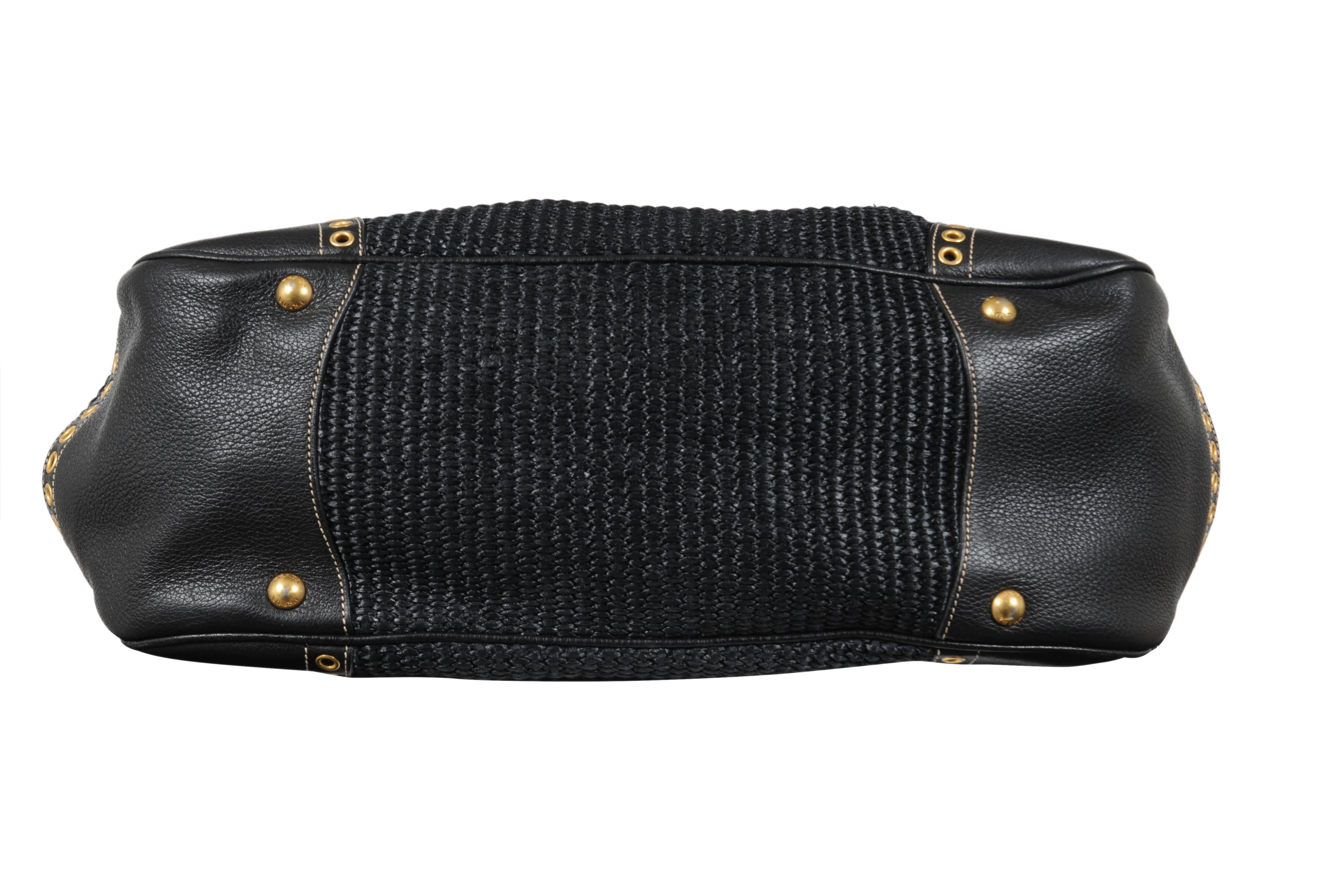 Prada Donna Paglia Vitello Daino Frame Borsa a tracolla Satchel Nero Tessuto Rafia in vendita 4